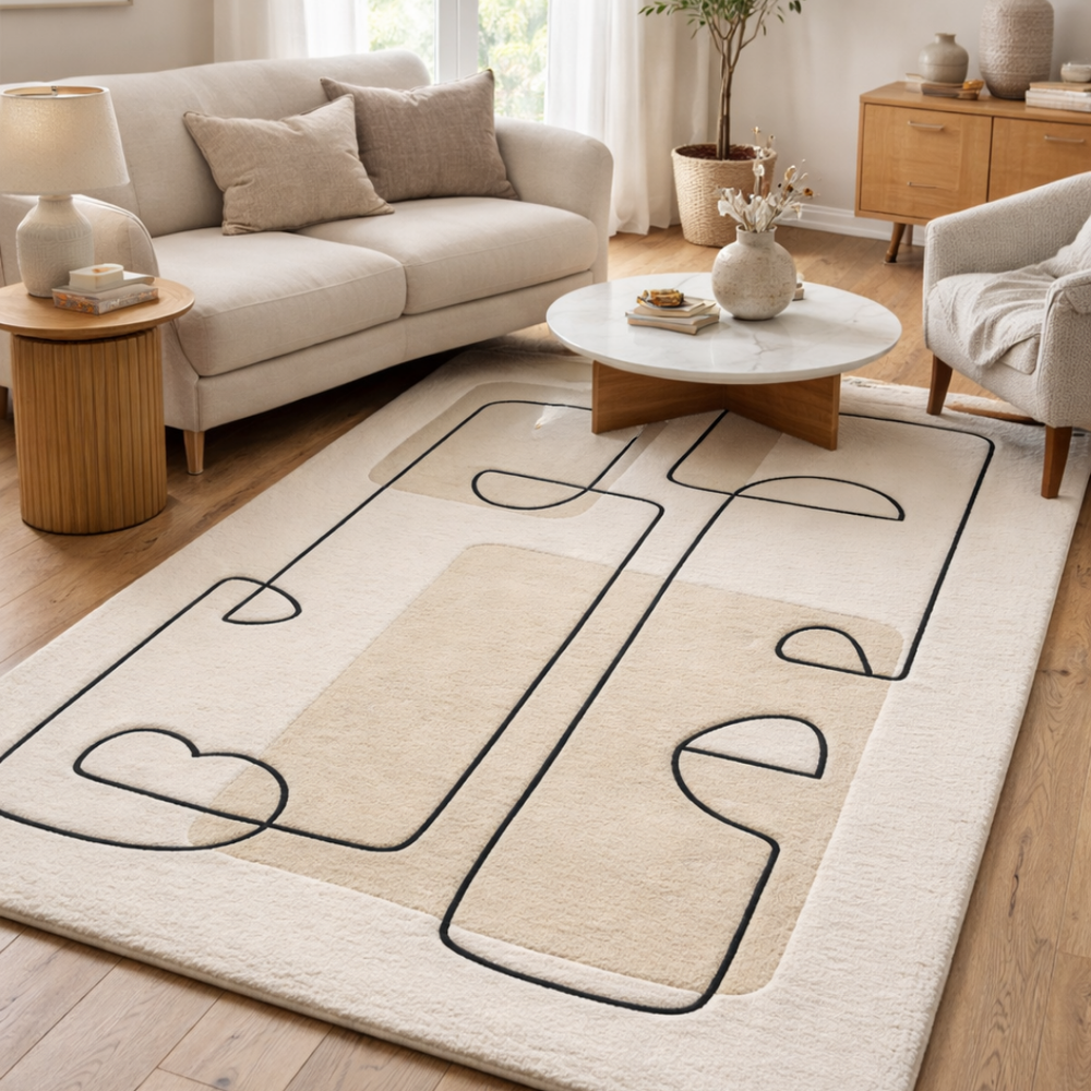 Living room with a modern rug featuring abstract black line design, beige sofa, and wooden coffee table.