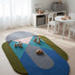Colorful geometric rug on a wooden floor with toys around in a room setting.