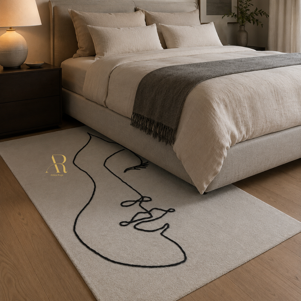 Neatly made bed with beige bedding and a decorative rug featuring abstract line art in a bedroom setting.
