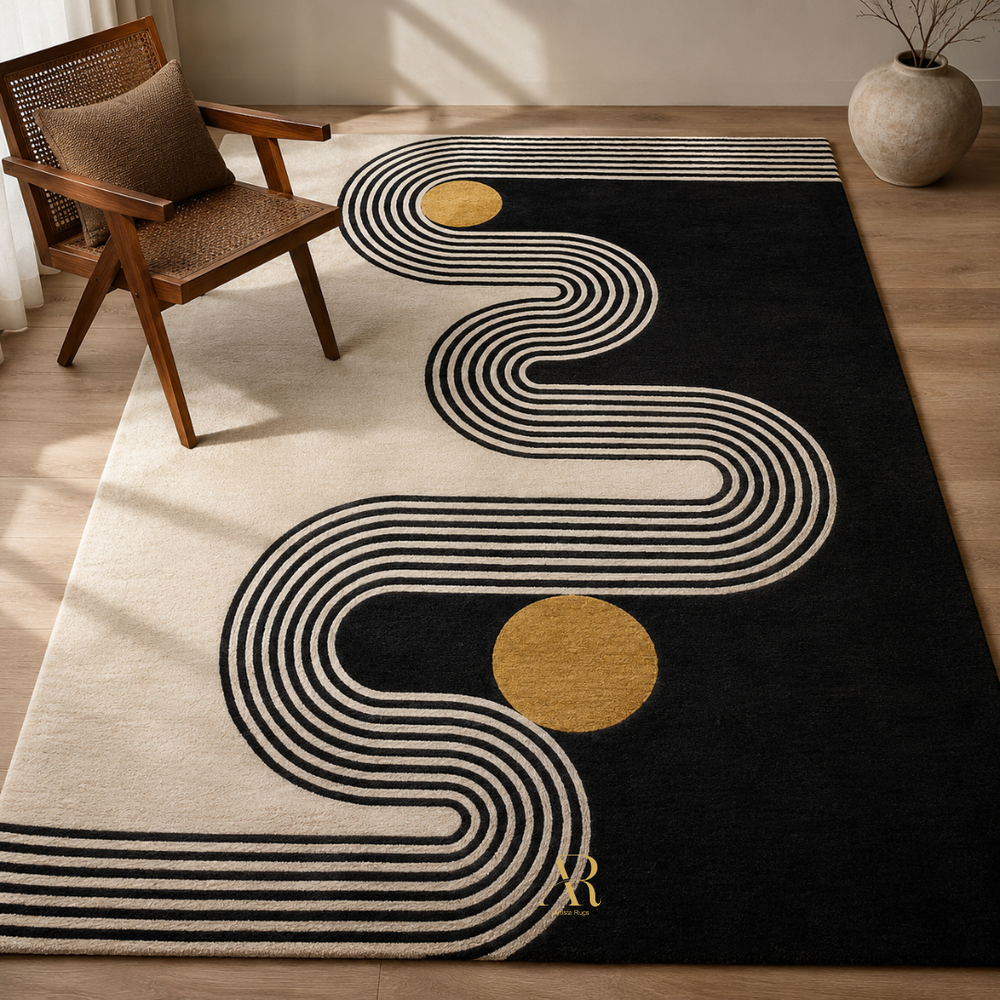 A modern area rug with a black background, cream-colored concentric wavy lines, and two gold circles, styled in a minimalist room next to a wooden armchair.