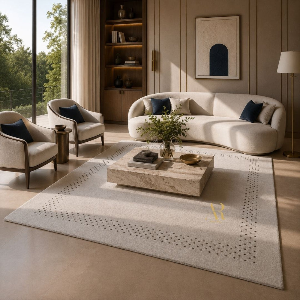 A large cream-colored area rug with a dotted border pattern is styled in a modern, sunlit living room with a curved cream sofa, two matching armchairs, and a marble coffee table.