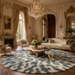 A luxurious vintage-style living room featuring a large round area rug with a blue and beige abstract pattern, styled with elegant furniture, a crystal chandelier, and ornate gold detailing.