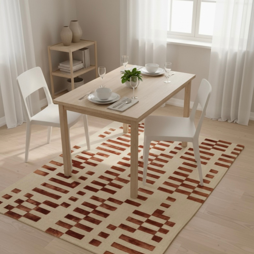 Dining room with a wooden table and chairs on a patterned rug.