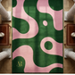 Pink and green abstract patterned rug on a wooden floor