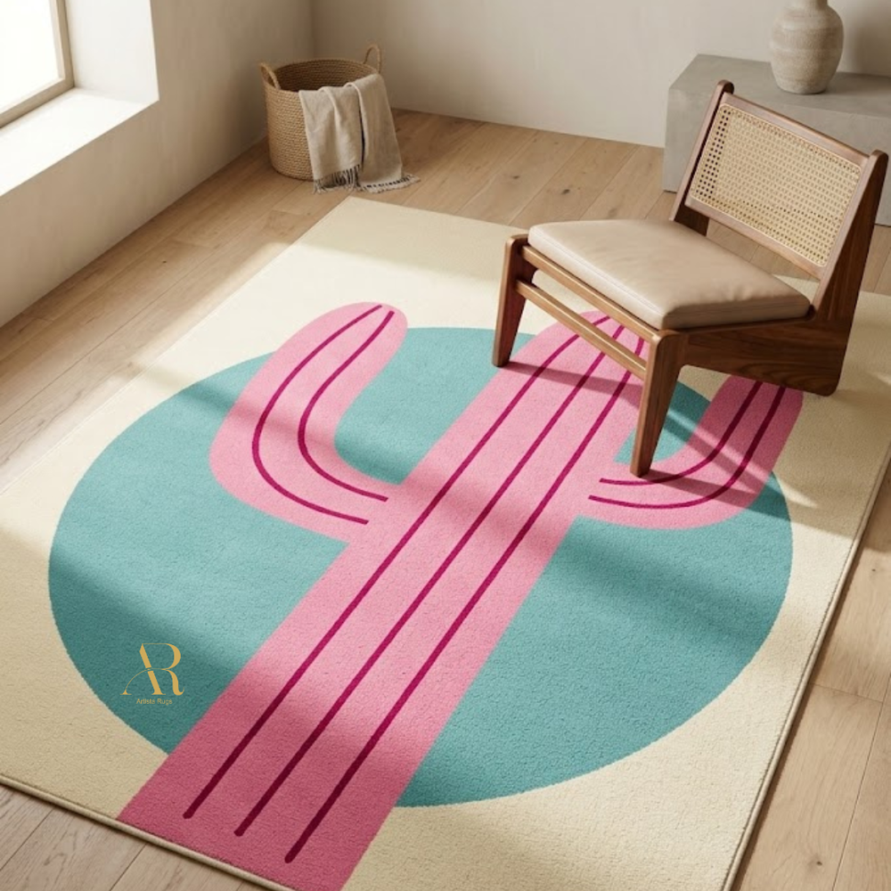 Rug with cactus design in a room with a chair and basket.