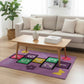Living room with a colorful hopscotch rug on a wooden floor.