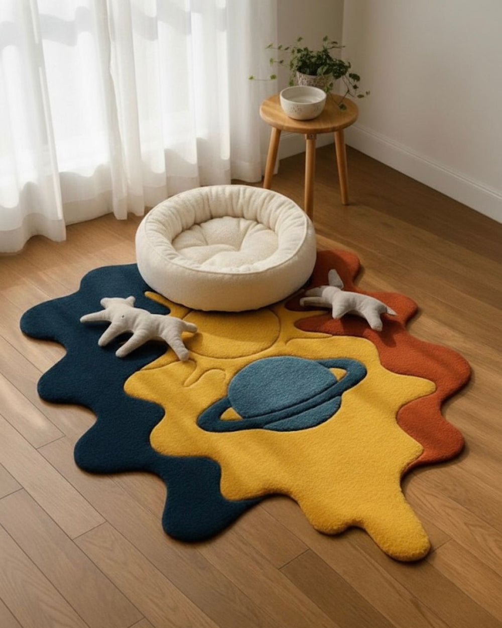 Colorful space-themed rug on a wooden floor with a pet bed and toys.