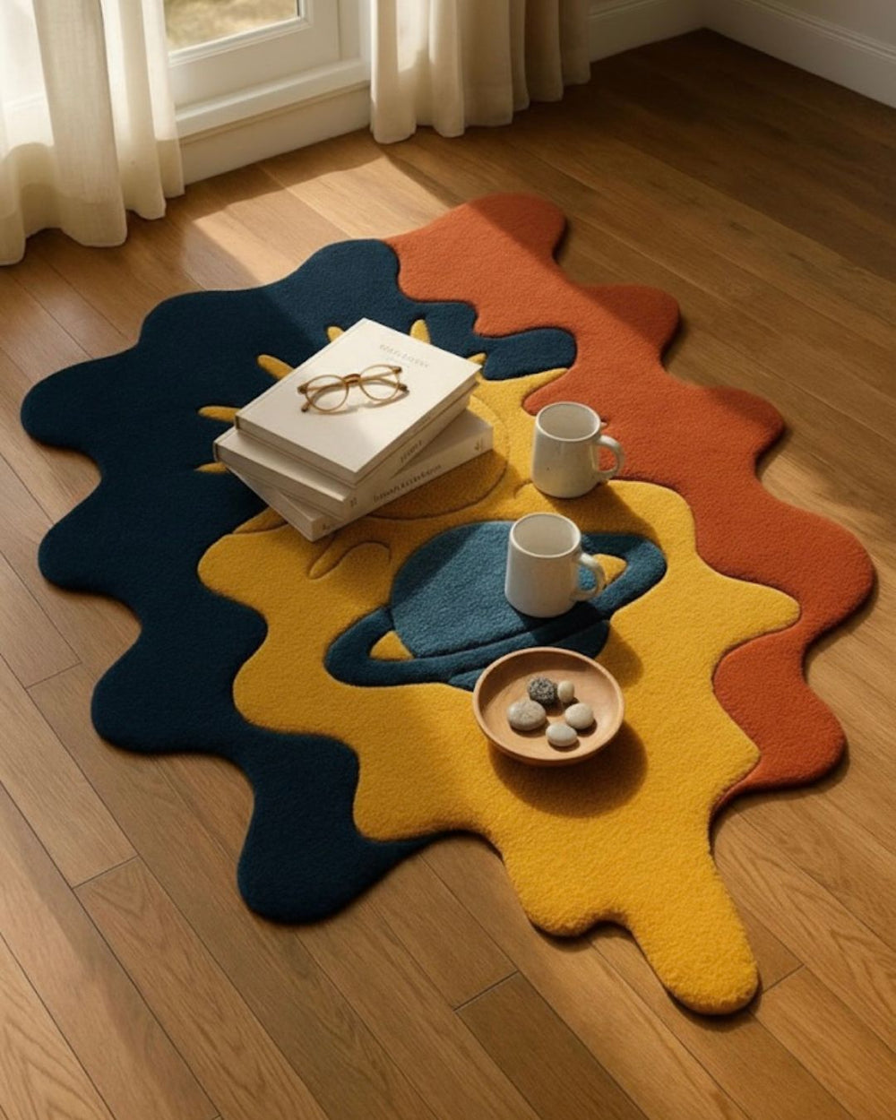 Colorful abstract rug on a wooden floor with books, glasses, and a mug.