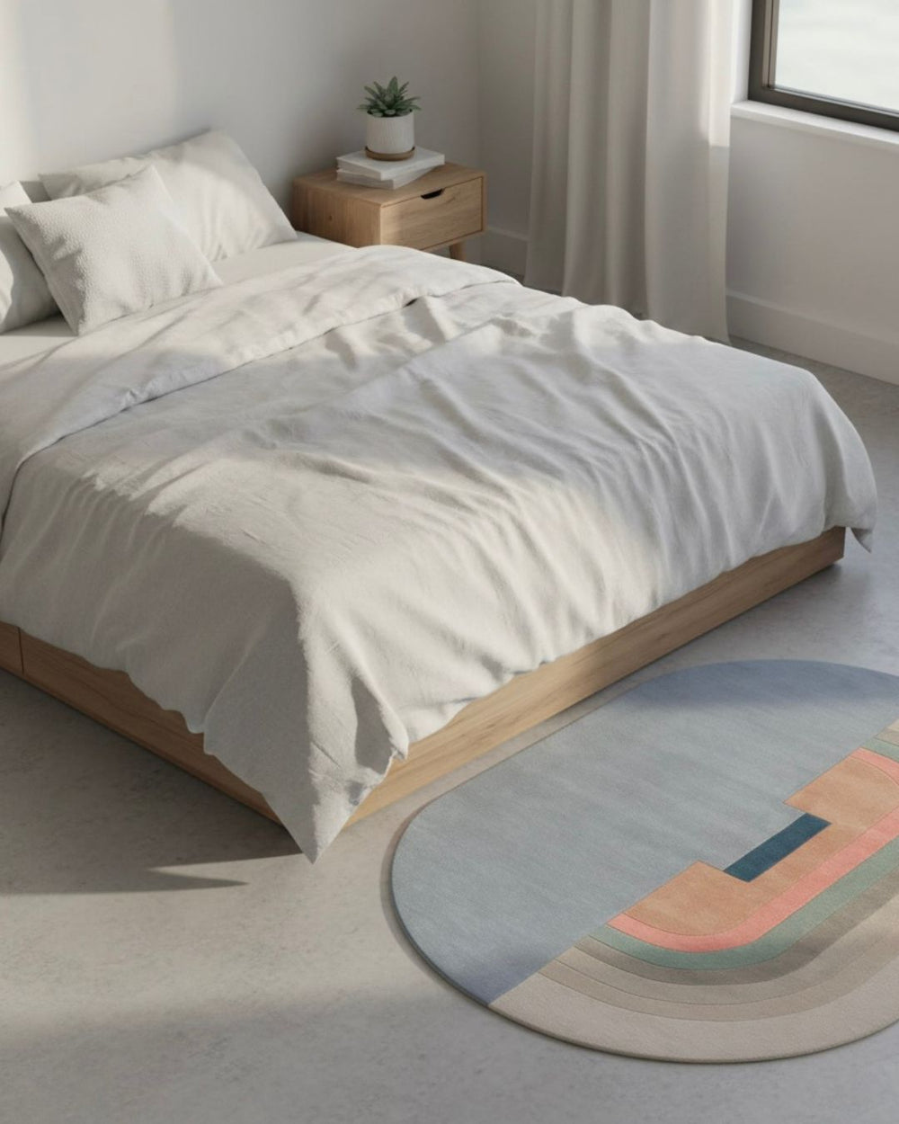 Bedroom with a bed, nightstand, and colorful rug on a light gray floor.