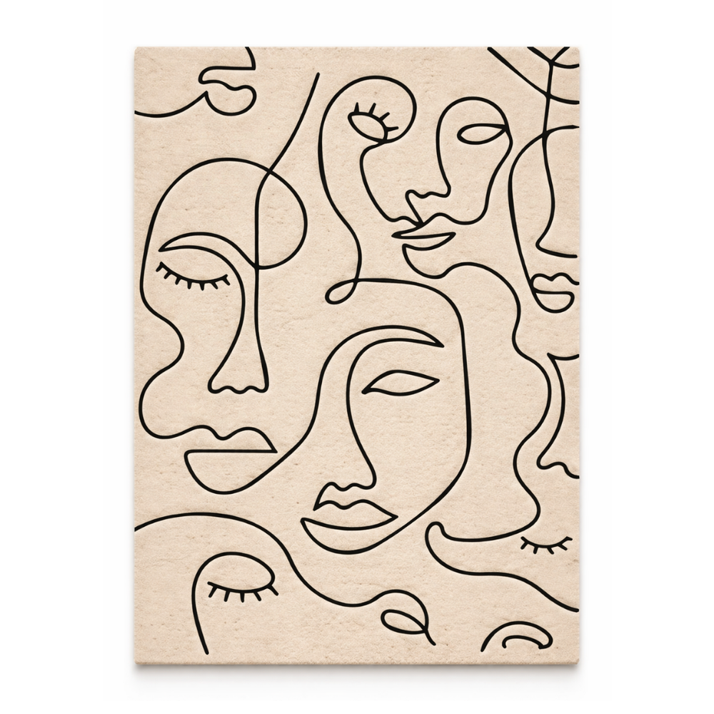 Beige poster with black line art of abstract faces on a beige background