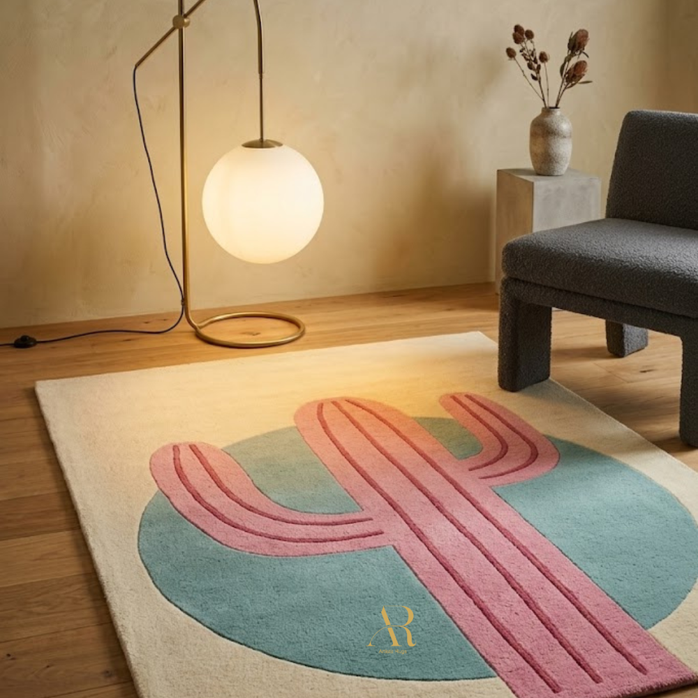 Decorative rug with geometric design in a room with a lamp and chair.