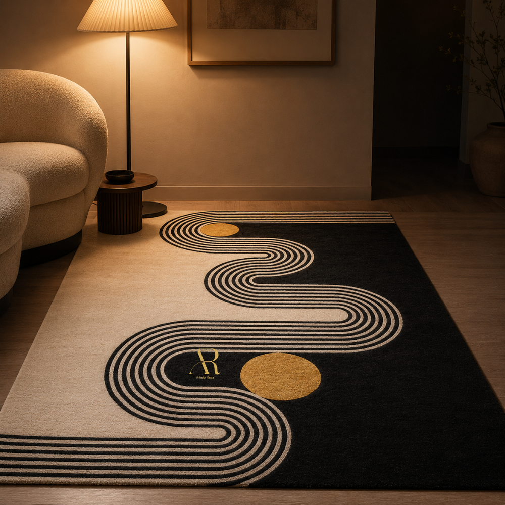 A modern area rug with a black background, cream wavy geometric lines, and two gold circular accents, styled in a warm, contemporary living room next to a beige armchair and a lit floor lamp.