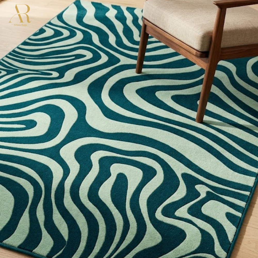 Green and blue wavy patterned rug with a chair on a wooden floor