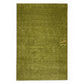 An olive green textured area rug with a small gold monogram logo in the lower right corner, displayed flat against a white background.