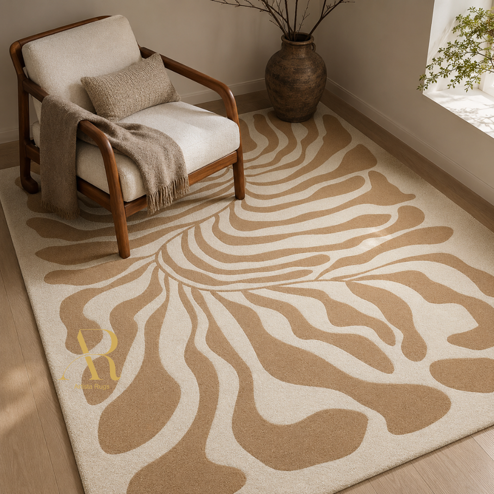 A large area rug with a beige and cream abstract wavy pattern, styled in a modern living room setting next to a wooden armchair and a rustic vase.