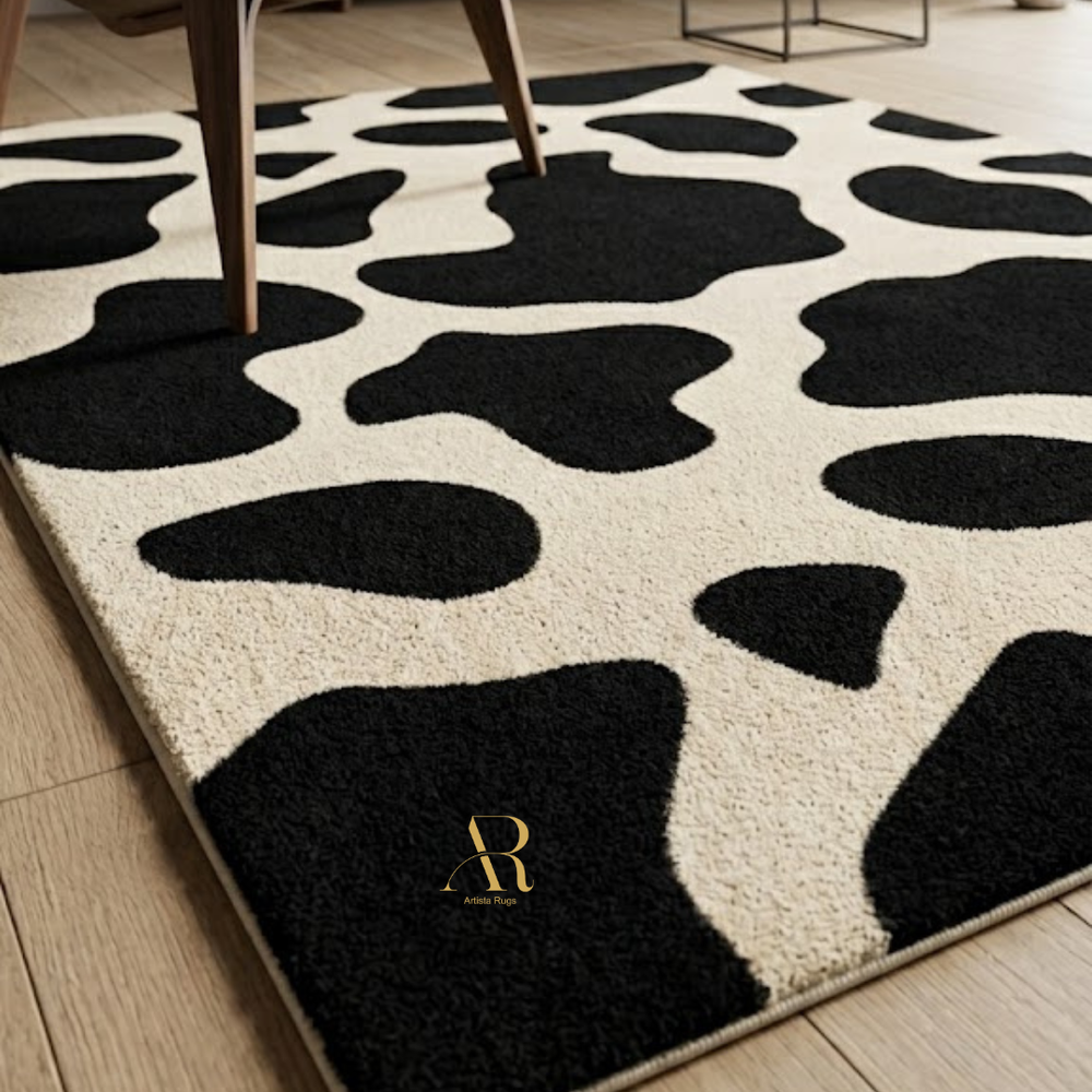 Black and white patterned rug with a brand logo on a wooden floor