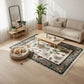 Living room with a floral rug, beige sofa, and a dog resting on a pet bed.