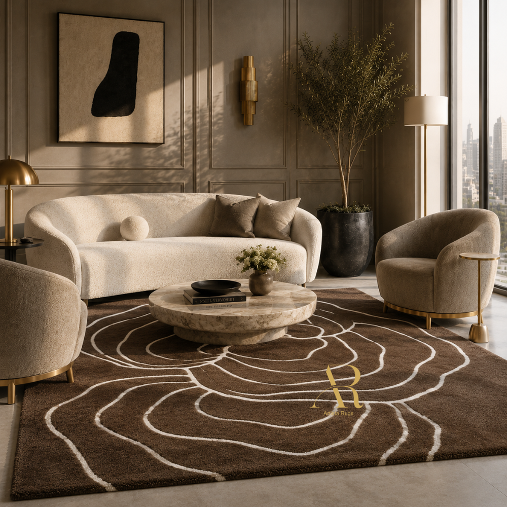 A styled living room featuring a large brown area rug with a white abstract floral pattern and a small gold accent, paired with a cream sofa, a round stone coffee table, and a beige accent chair.