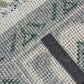 Close-up of a textured rug with green patterns and a ruler for scale.