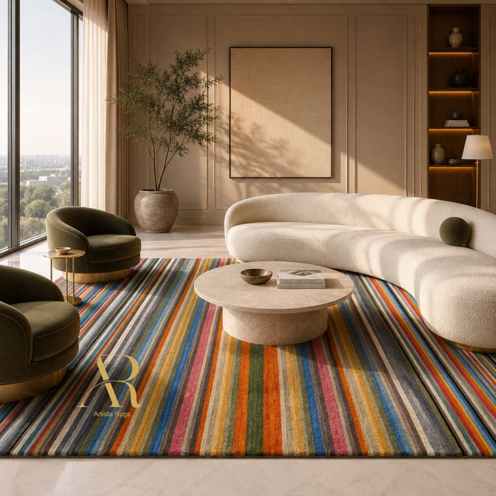 A colorful striped area rug in a modern, sunlit living room with a curved cream sofa, olive green armchairs, and a round stone coffee table. The rug features vertical stripes in blue, red, orange, yellow, green, and pink on a cream base.