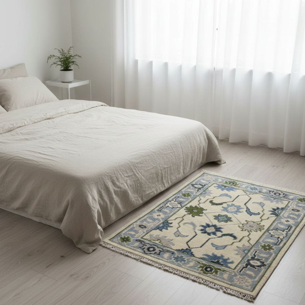 Bedroom with a decorative rug on the floor