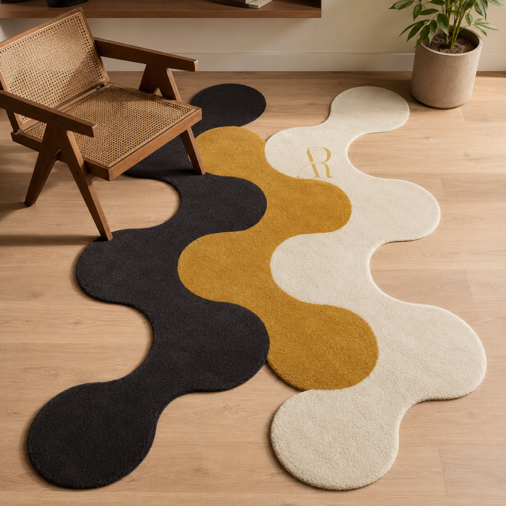 A wavy, bone-shaped area rug in three colors: black, mustard yellow, and cream. The cream section features a gold embroidered letter 'R'.