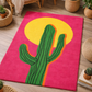 Colorful rug with a cactus and sun design on a wooden floor.