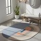 Colorful round rug in a room with a plant, bench, and window.