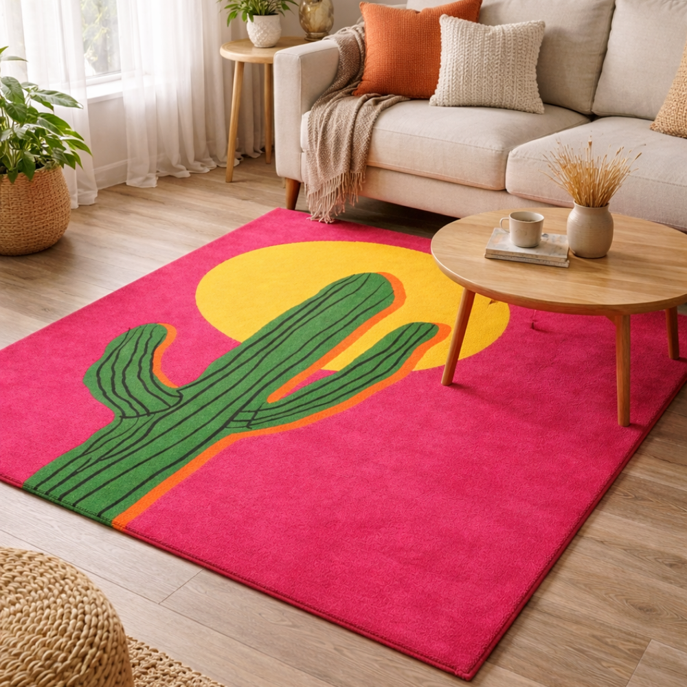 Living room with a colorful rug featuring a cactus design, placed in front of a beige sofa.