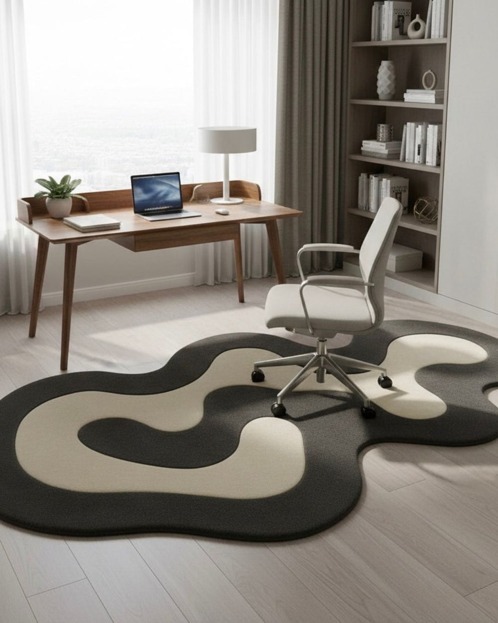 Modern home office with a desk, chair, and decorative rug.