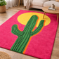 Colorful rug with a cactus design on a wooden floor.