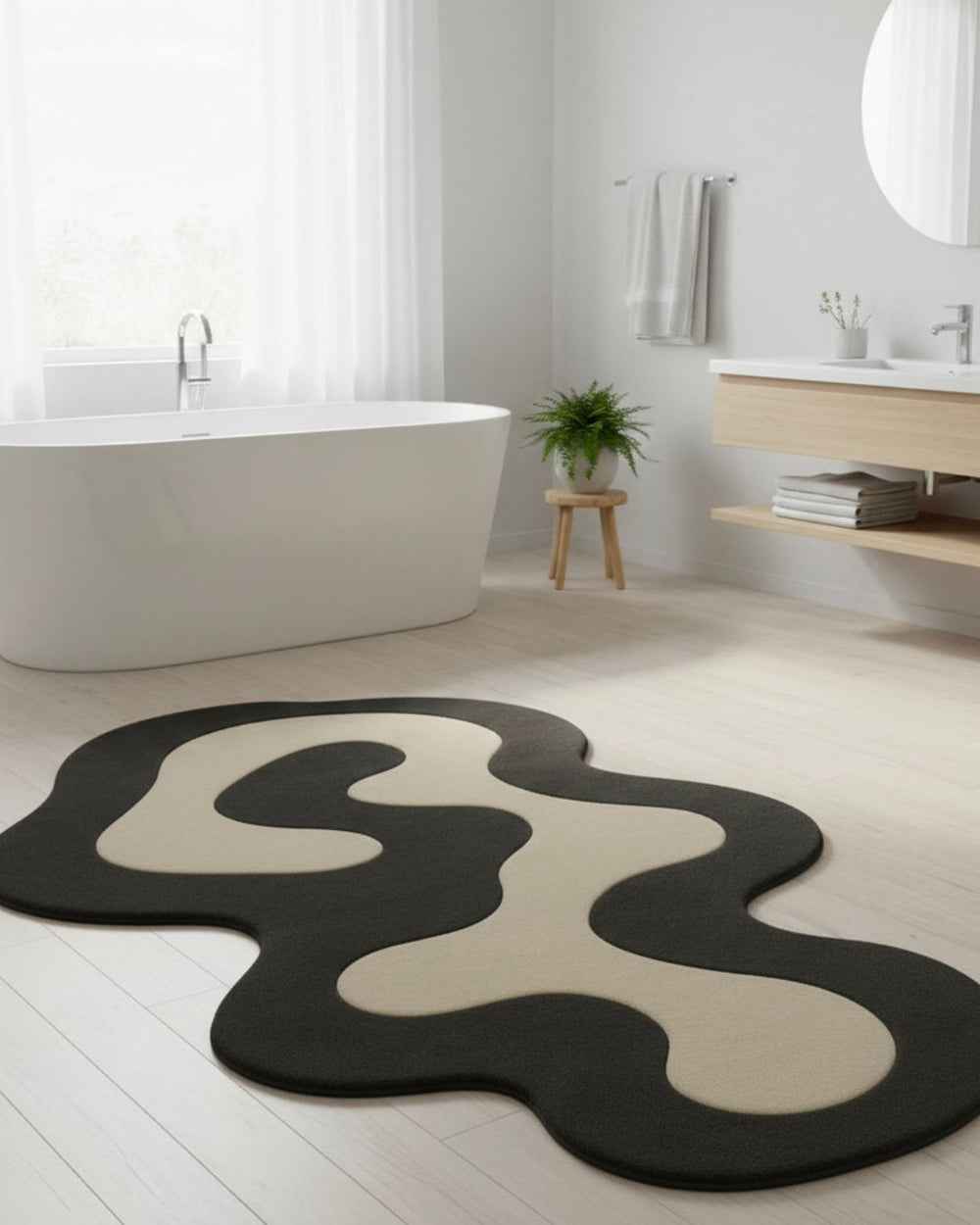 Modern bathroom with a black and beige abstract rug on a light wood floor.