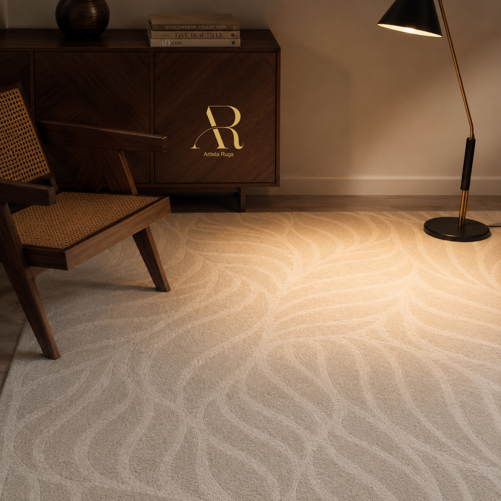 A beige area rug with a wavy, organic pattern in a styled room setting featuring a mid-century wooden chair, a dark wood credenza with a gold logo, and a floor lamp.