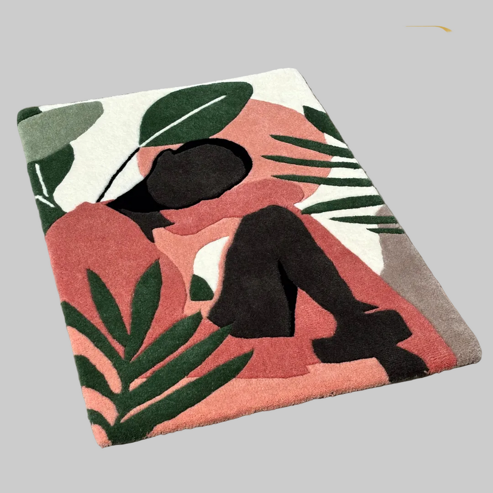 Textile with abstract design of a person and leaves on a gray background