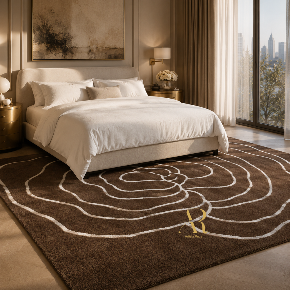 A large brown area rug with a white abstract floral or spiral pattern and a small gold logo, styled in a modern, sunlit bedroom next to a bed with white linens.
