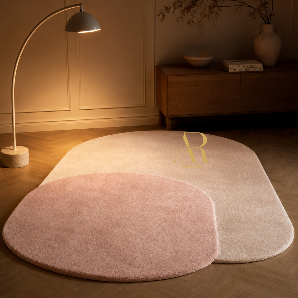 Two plush oval area rugs in blush pink and cream are arranged on a wood floor in a warmly lit room. A curved floor lamp stands to the left, and a wooden cabinet with a vase is in the background.