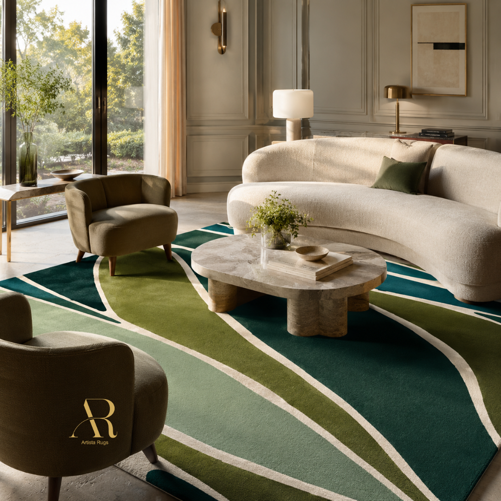 A modern living room featuring a large area rug with abstract wavy stripes in green, teal, and cream. The room is styled with a curved cream sofa, two olive green armchairs, a marble coffee table, and elegant wall decor.