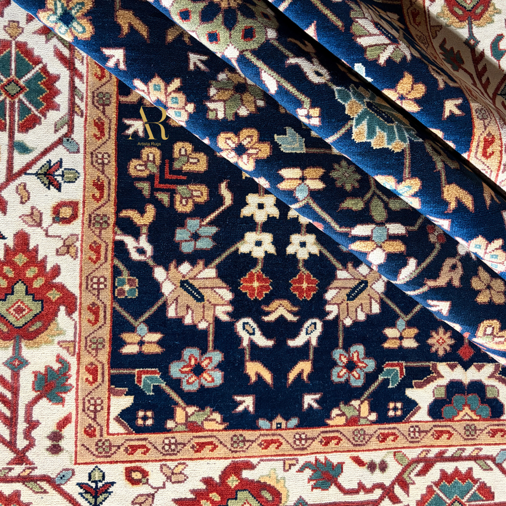 Close-up of patterned rugs with intricate designs in various colors.
