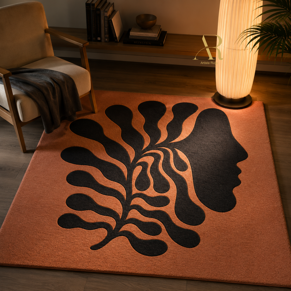 A rectangular area rug in a warm terracotta orange color, featuring a large black abstract design of a face profile merging with leaf-like shapes. The rug is styled in a cozy, dimly lit living room next to a modern armchair and a glowing floor lamp.