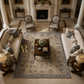 Luxurious living room with beige sofas, patterned rug, and ornate decor.