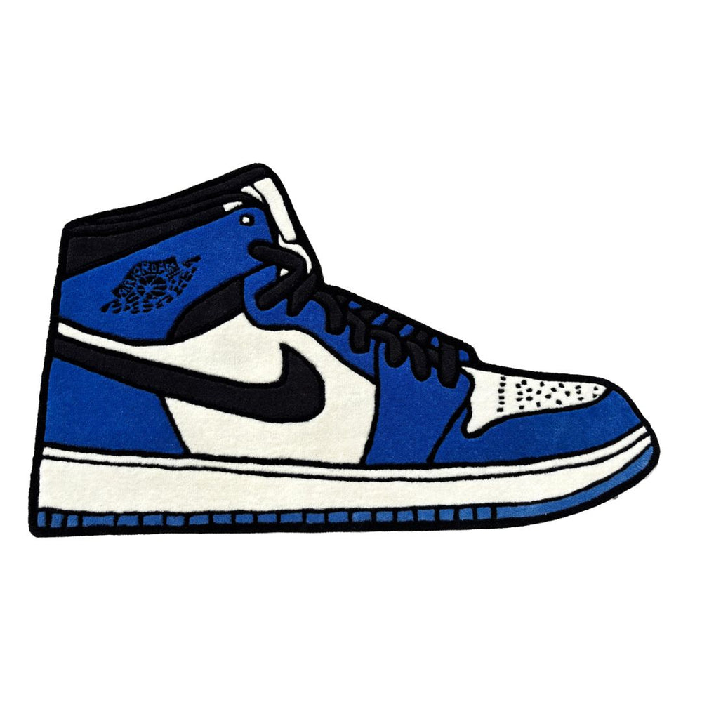 Blue and white sneaker with a prominent Nike logo on a white background