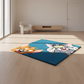 Cartoon-themed rug on a wooden floor with a minimalistic room setting.