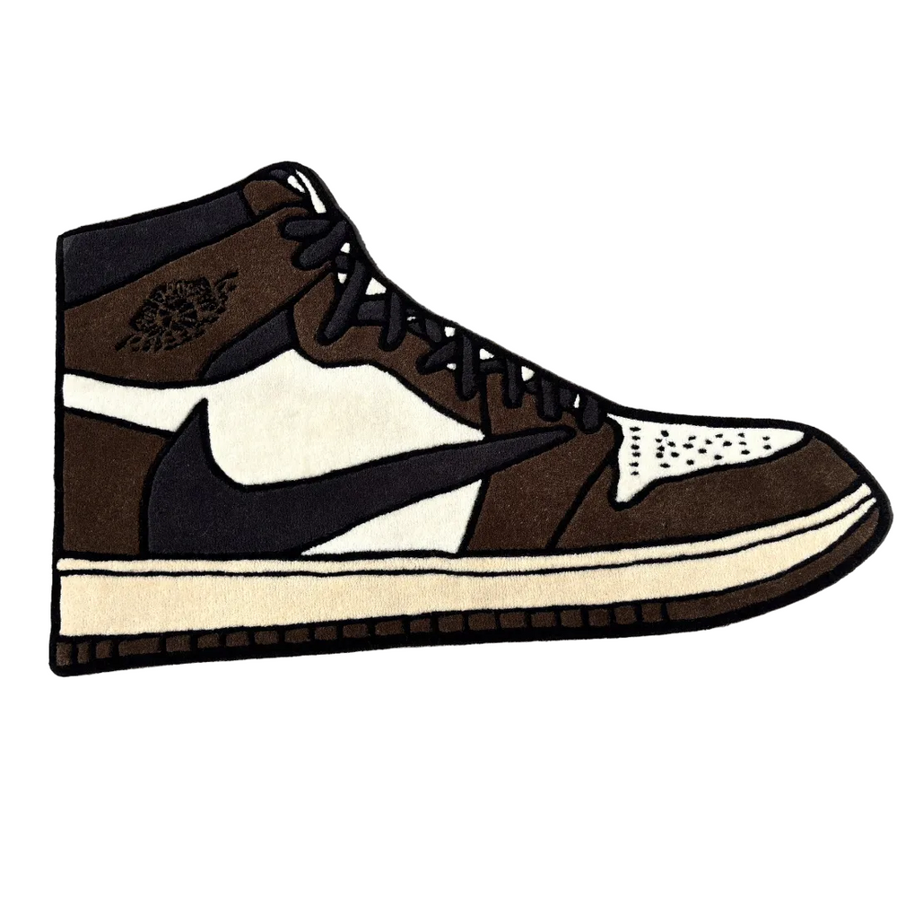 Brown and white sneaker with a prominent Nike logo on a white background