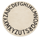 A round, off-white rug featuring the entire uppercase alphabet printed in black around its outer edge, shown against a plain white background.