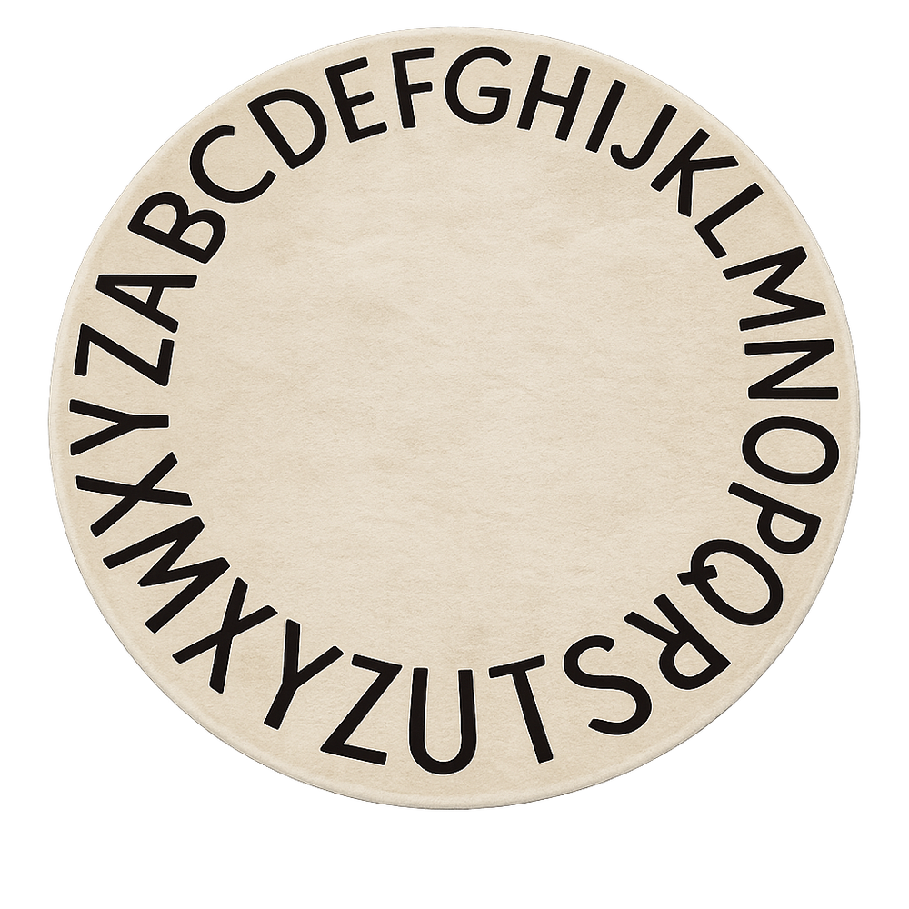 A round, off-white rug featuring the entire uppercase alphabet printed in black around its outer edge, shown against a plain white background.