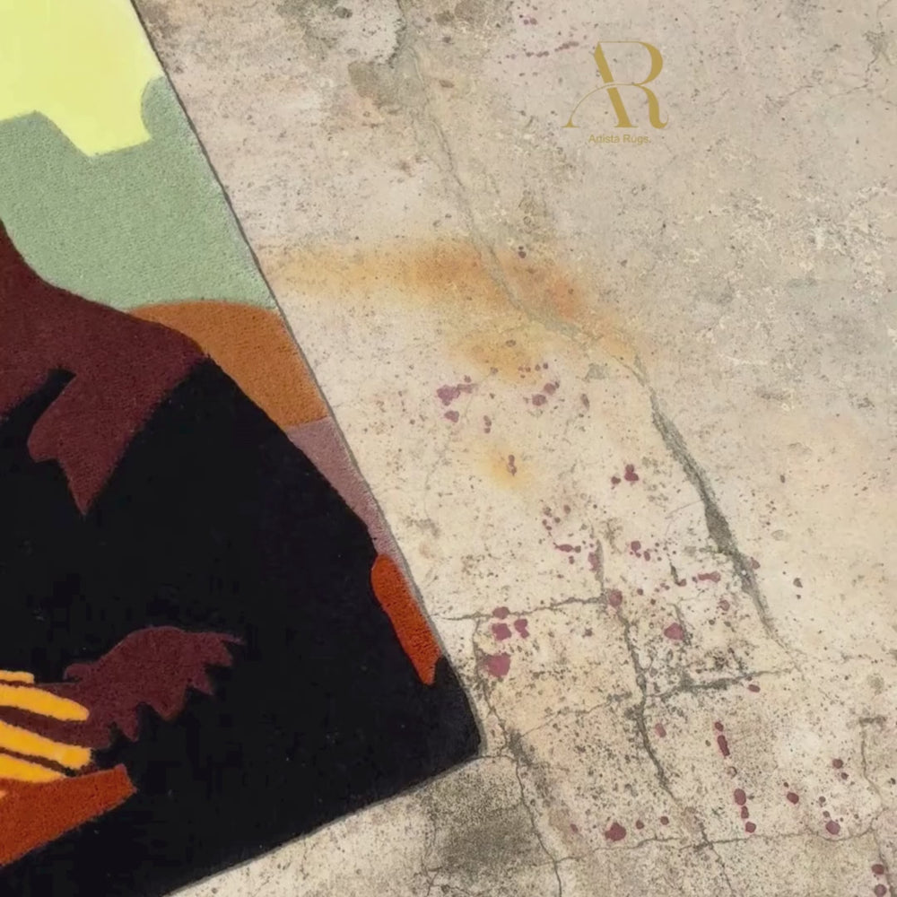 Rug with a stylized depiction of Mona Lisa on a white background