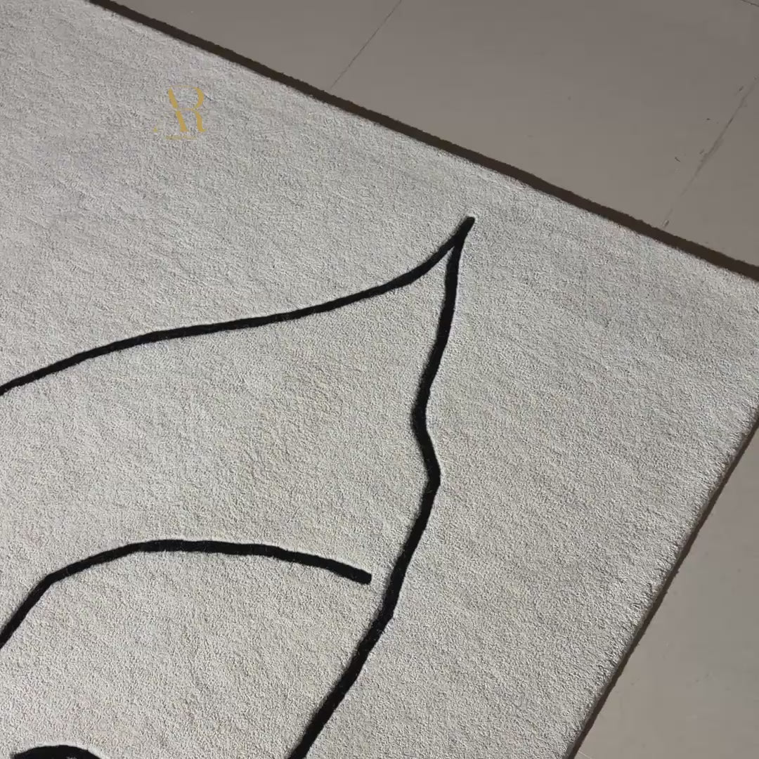 Rug with abstract line art of a face on a beige background