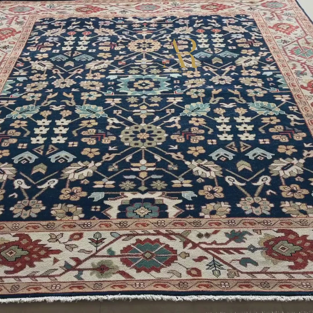 Close-up of intricately patterned rugs with floral and geometric designs.